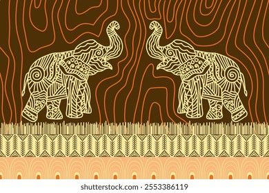 Intricate Elephant Patterns on Abstract Background African Style with Geometric Borders and Earth Tones design for textile, prints, phone case, greeting card, background, printed fabrics