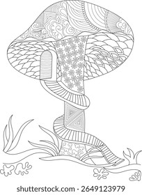 Ilustração de Cogumelos Encantados para colorir livros e desenhos de fantasia. Arte detalhada de uma casa caprichosa, perfeito para criatividade, relaxamento e atividades infantis.