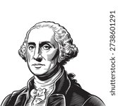 Intricate engraved style vector portrait of George Washington, featuring detailed lines and his notable period attire.