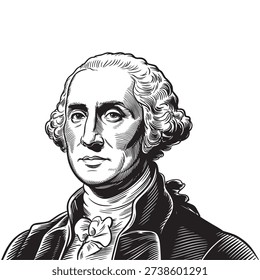 Intricate engraved style vector portrait of George Washington, featuring detailed lines and his notable period attire.