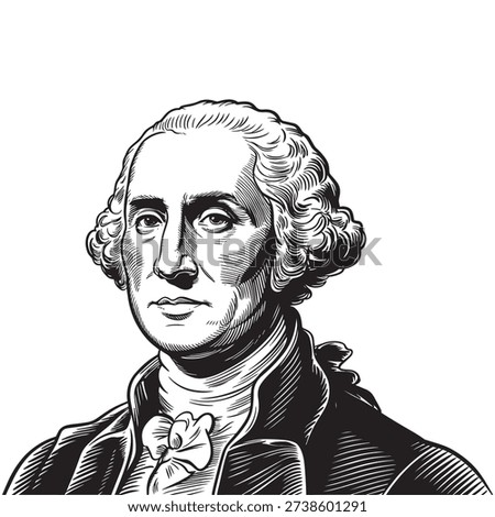 Intricate engraved style vector portrait of George Washington, featuring detailed lines and his notable period attire.
