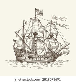 Intricate engraving of a large three-masted sailing ship.