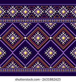 Intricate ethnic diamond and triangle pattern with bold purple, orange, and yellow colors. Ideal for fashion design, textile printing, and modern bohemian style.
