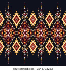 Intricate Ethnic Geometric Seamless Pattern on Black Background. Traditional Southeast Asian Tribal Textile Background. Abstract Diamond Shape Folk Art Pattern. Luxury Thai and Lao Fabric Design.