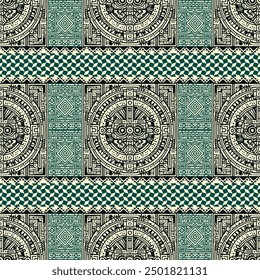 Verwickeltes ethnisches Muster mit aztekisch und mayanisch inspirierten Motiven in Grün und Beige. Nahtloses Vektordesign für Textilien oder Dekor.