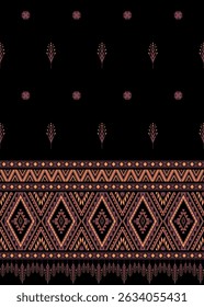 An intricate ethnic pattern featuring geometric shapes and stylized trees on black background, evoking sense of cultural richness and artistry