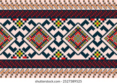 Intricate Ethnic Pixel Art Border Design - Bold Red, Green, and Yellow Geometric Diamond Pattern with Floral Elements and Symmetrical Motifs - Ideal for Textile, Fabric, and Digital Artwork