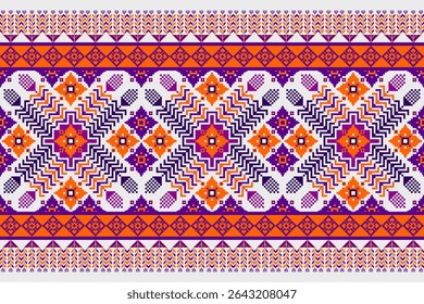  Intricate Ethnic Pixel Art Border in Purple and Orange.
This eye-catching pattern evokes traditional textile designs with a modern pixel art aesthetic. It is ideal for digital backgrounds, web design