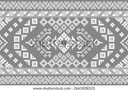 Intricate ethnic pixel art tapestry pattern in a serene grey monochrome palette. Ideal for textiles, digital wallpapers, and traditional or modern art projects.