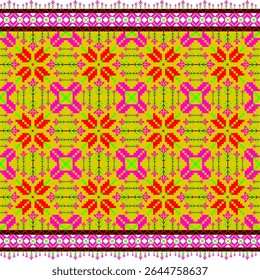 Intricate ethnic textile pattern with colorful symmetrical motifs in red, pink, yellow, and green tones. The design features repeating diamond and floral elements, enhanced by decorative borders 