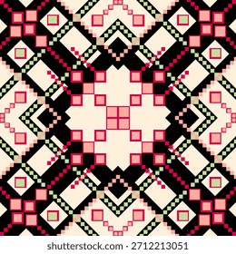 Intrincado patrón geométrico de inspiración étnica sin fisuras con motivos de diamantes estilo píxel y Elementos cuadrados decorativos en tonos rosa, negro, crema y verde claro. Ideal para estampados textiles, tela 