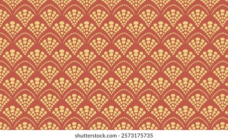 Intricate Fan-Shaped Pattern with Yellow Dots on a Red Background.