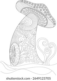 Intricate fantasy mushroom house adult coloring page with whimsical patterns, detailed zentangle style illustration for relaxation and creative therapy, line art drawing.