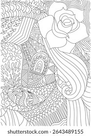 Intricate Floral and Abstract Patterns Coloring Page, A detailed black and white line art illustration featuring a complex mix of organic and geometric patterns, including a rose, swirls, dots,