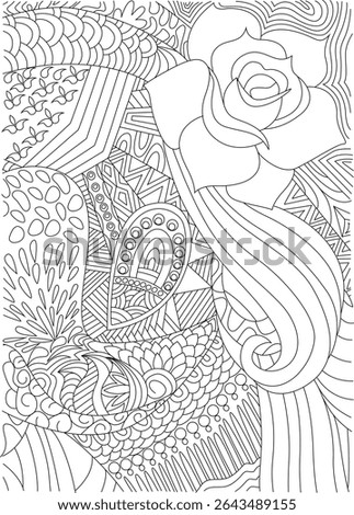 Intricate Floral and Abstract Patterns Coloring Page, A detailed black and white line art illustration featuring a complex mix of organic and geometric patterns, including a rose, swirls, dots,