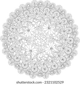 Intricate Floral Adult Coloring Page Mandala Seamless Leaves Botanical coloring page relaxing anti-stress meditation vector