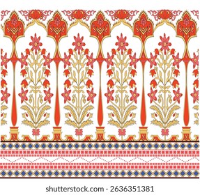 Intricate floral border design with red, gold, and blue hues, featuring symmetrical flowers, vines, and geometric patterns in a traditional ornamental style.