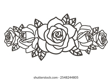 Vector floral intrincado, borde floral elegante, elemento de diseño de línea de ramo de flores de rosa, Ilustración vectorial.