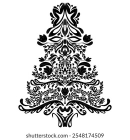 Intricate floral Christmas tree silhouette elegant black and white decorative design. Vector folk art element