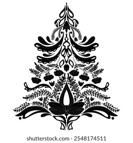 Intricate floral Christmas tree silhouette elegant black and white decorative design. Vector folk art element
