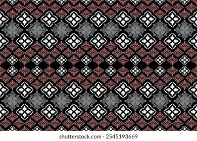 Un intrincado patrón de damasco floral en blanco, gris y rojo sobre un fondo negro, creando un diseño sofisticado y vintage.