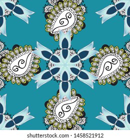Intricate floral design element for wallpaper, gift paper, fabric print. Boho abstract seamless pattern. Colorful colored tile flower on a blue and white colors. Unusual vector ornament decoration.