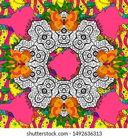 Intricate floral design element for wallpaper, gift paper, fabric print, furniture. Colorful colored tile mandala on a white, yellow and pink colors. Boho abstract seamless pattern.