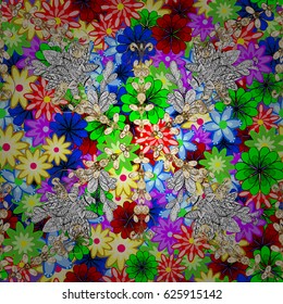 Intricate floral design element for wallpaper, gift paper, fabric print, furniture. Unusual vector ornament decoration. Boho abstract seamless pattern. Colorful colored tile mandala on a background.