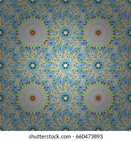 Intricate floral design element for wallpaper, gift paper, fabric print, furniture. Unusual vector ornament decoration. Boho abstract seamless pattern. Colorful colored tile mandala on a background.