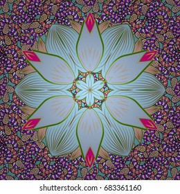 Intricate floral design element for wallpaper, gift paper, fabric print. Colorful colored tile mandala on a colorful background. Unusual vector ornament decoration. Boho abstract seamless pattern.