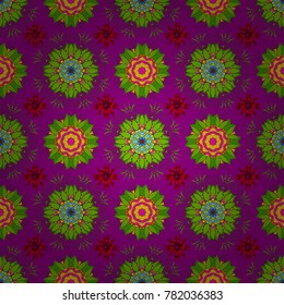 Intricate floral design element for wallpaper, gift paper, fabric print, furniture. Boho abstract seamless pattern. Colorful mandala on a purple, green, red colors. Unusual vector ornament decoration.