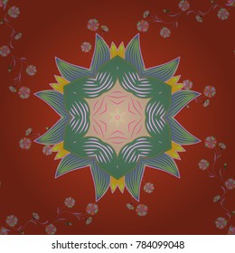 Intricate floral design element for wallpaper, gift paper, fabric. Boho abstract seamless pattern. Colorful colored tile mandala on a orange, green and blue colors. Unusual vector ornament decoration.