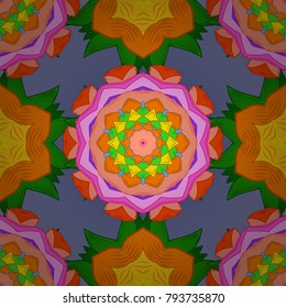 Intricate floral design element for wallpaper, print, furniture. Boho abstract seamless pattern. Colorful colored tile mandala on a orange, green and violet colors. Unusual vector ornament decoration.
