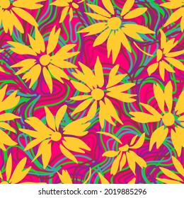 Intricate floral design with large daisies. Summer botanical seamless pattern with silhouettes of blooming flowers. Flat style. Simple flowers on background of abstract twisted wavy color lines.