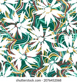 Intricate floral design with large daisies. Summer botanical seamless pattern with silhouettes of blooming flowers. Flat style. Simple flowers on background of abstract twisted wavy color lines.