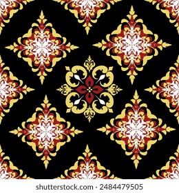 Intricate Floral Diamond Damask Patterns in Black background