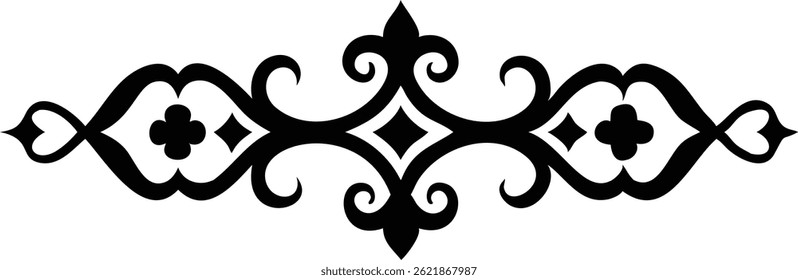 Intricate floral divider embellishment showcases symmetrical patterns and flourishes. Its elegant design incorporates heart, clover, and diamond shapes, rendered in a bold black silhouette on white.