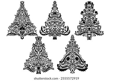 Intricate floral folk art Christmas tree silhouette elegant black and white decorative design. Vector folk art element. Set, clip art, bundle
