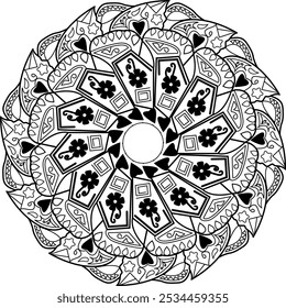 Intricate Floral and Geometric Mandala, Black and White Line Art, Islamic-Inspired Design, Adult Coloring Page, Meditation, Relaxation, Sacred Symmetry,
 Decorative Pattern for Mindfulness
