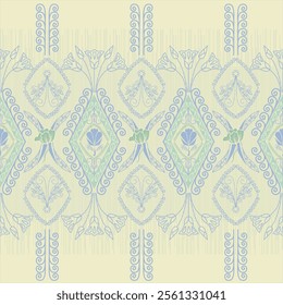 Intricate Floral and Geometric Pattern with Symmetrical Design in Pastel Colors, Featuring Diamond Shapes, Scrolls, and Stylized Flowers and Leaves, Creating an Ornate and Elegant Decorative