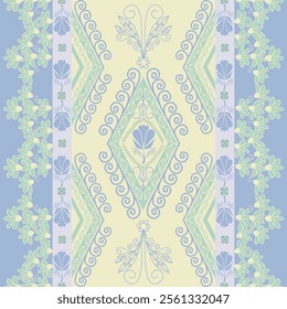 Intricate Floral and Geometric Pattern with Symmetrical Design in Pastel Colors, Featuring Diamond Shapes, Swirls, and Stylized Flowers and Leaves, Creating an Ornate and Elegant Decorative