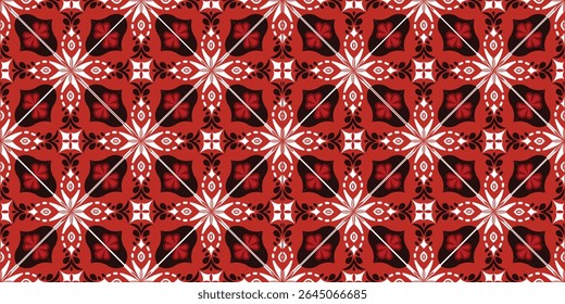 Intricate Floral and Geometric Tile Design in Red and White, fabric illustration, clothes pattern, modern floral pattern, use to floor decoration, wall design, abstract mosaic background vector.