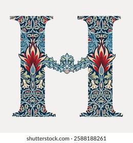 Intricate floral letter 'H' design with vibrant red, blue, and green patterns. Decorative floral 'H' with ornate details. Artistic 'H' with floral motifs. Vintage font illustration, isolated vector.