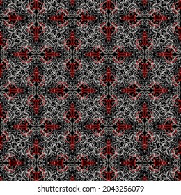 Komplexe Blumenlinien nahtloses Muster. Vektorgrafik auf schwarz-weißem rotem Hintergrund. Wiederholen Sie die aufwändige bunter Kulisse. Kunsteleganz-Ornamente der Linie. Vintage Blumen, Blätter, Kurven, Linien, Formen.