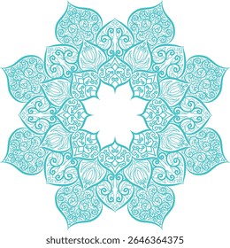 Intricate floral mandala artwork with ethnic ornamental pattern, abstract blue decorative circular motif on white background