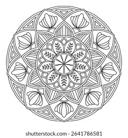 Intricate Floral Mandala Coloring Page Vector Design - Adult Stress Relief Art Therapy Black White Line Drawing