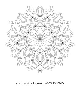 Intricate Floral Mandala Coloring Page Vector Design with Lotus Petals and Decorative Swirls for Adult Relaxation Art