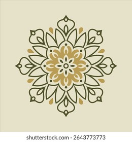 Intricate floral mandala design with gold and green elements creates a sense of balance and harmony, making it suitable for decoration.