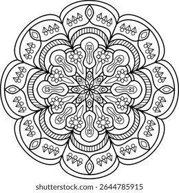 Intricate floral mandala design, perfect for mindfulness and relaxation. Features detailed symmetric patterns ideal for spiritual art, decorative elements, and versatile graphic applications