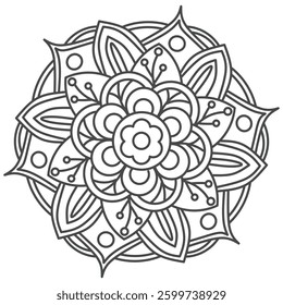 Intricate Floral Mandala, A detailed black-and-white mandala floral design. Suitable for coloring books, meditation art, and decorative prints.